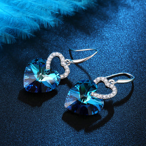 PLATO H Double Love Heart Hook Earrings Crystal Dangle Blue Clearance Sale